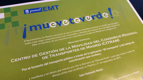 El Centro de Gestión del Consorcio de Transportes de Madrid, galardonado en los Premios “Muévete Verde”