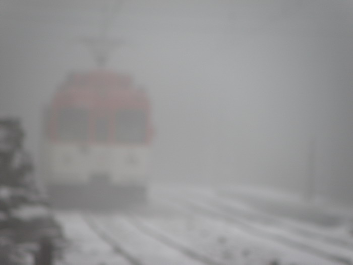 Semioculto entre la niebla, una UT 442 reposa en las v�as de Cotos