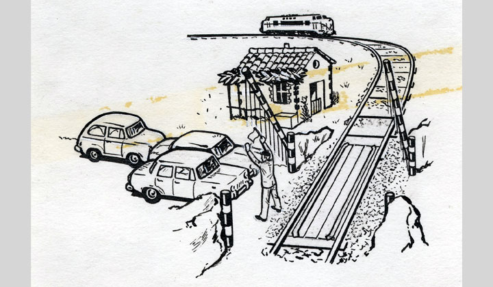 Dibujo de paso a nivel con barreras parando la circulaci�n (1969). Archivo Hist�rico Ferroviario FF-0738