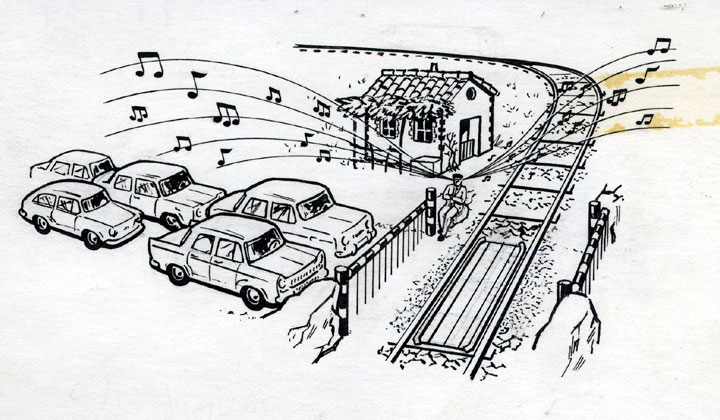 Dibujo de paso a nivel con coches detenidos y guardabarreras esperando el paso de los trenes (1969). Archivo Hist�rico Ferroviario FF-0739