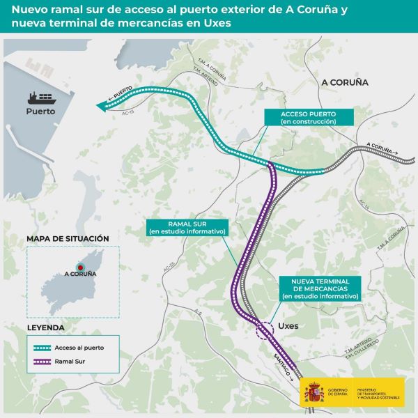 Estudios para el ramal sur de acceso al puerto exterior de La Coruña y la nueva terminal en Uxes