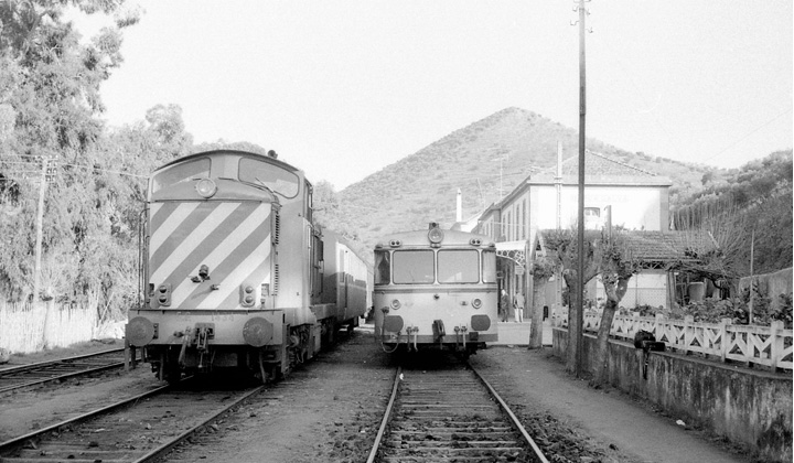 Convivencia de un tren portugués y un ferrobús español en la estación fronteriza de Barca d’Alva. Fotografía de Martin Dieterich