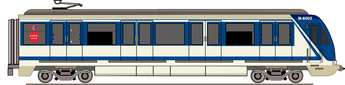 Coche 6.000 2� Serie. Puesta en funcionamiento en 1999. Alcanza una velocidad m�xima de 65 Km/h. Constructores Alstom-CAF. Es un tren de galibo ancho, su puesta en funcionamiento coincide con la prolongaci�n de l�nea 9 hasta Arganda del Rey, un trazado realizado a cielo abierto. Sigue en servicio en 2009.