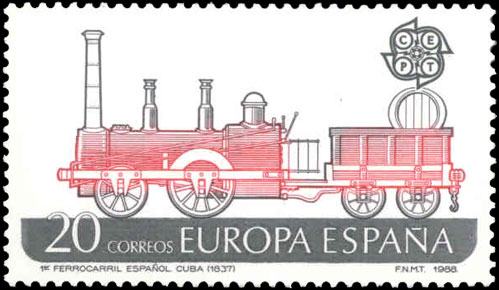 Sello conmemorativo del sesquicentenario del primer ferrocarril español: La habana-Guines, 1988.