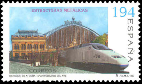 De la serie estructuras metálicas, se emitió este sello con una composición Ave saliendo de Atocha.