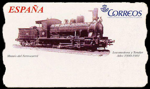 Sello con una locomotora y su ténder de 1900, preservada en el Museo del Ferrocarril de Madrid.