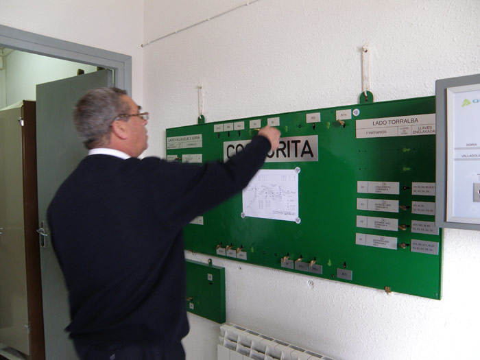 Ángel Rodríguez, el último jefe de estación de Coscurita, accionando el enclavamiento. Nótese como se ha retirado la placa de la vía “Lado Ariza”, cerrada hace ya 18 años. 