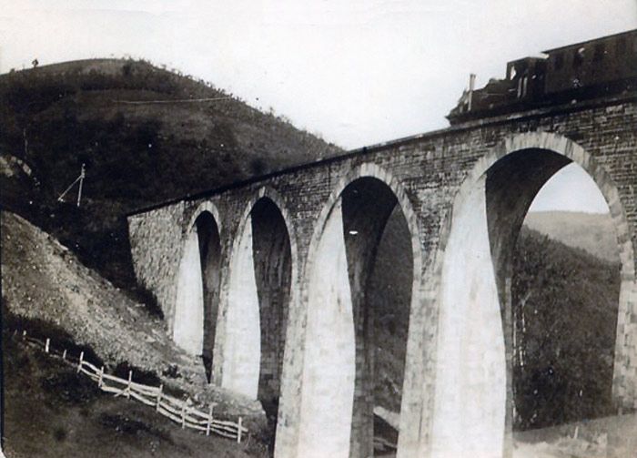 Vista de un tren del ferrocarril de Amorebieta a Gernika a su paso por el viaducto de Oka.